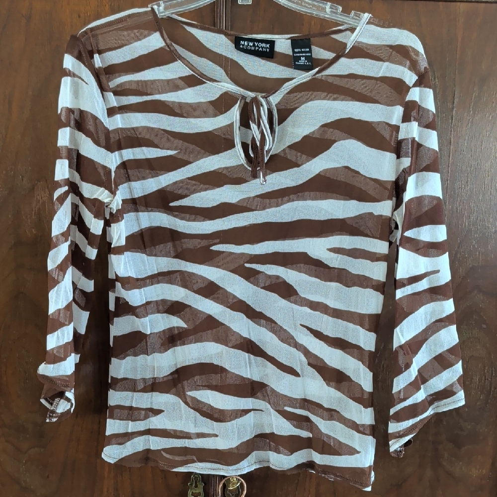 New York & Company Brown and White Zebra Print Blouse